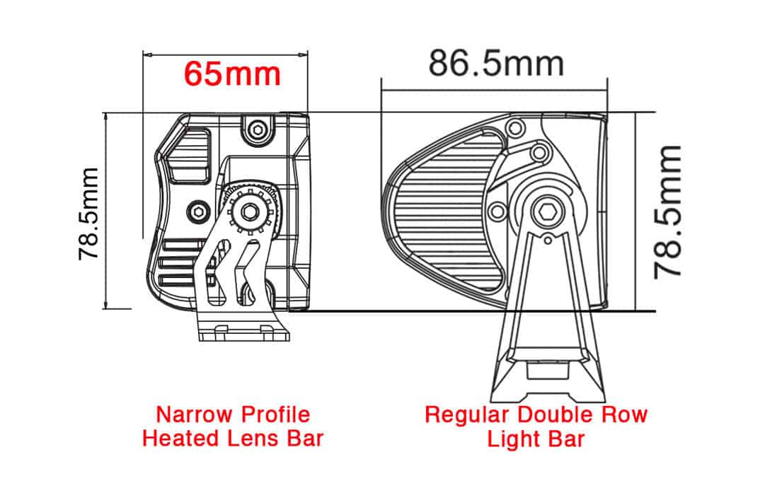 Profile Comparison between regular double row light bar and narrow profile heated lens bar